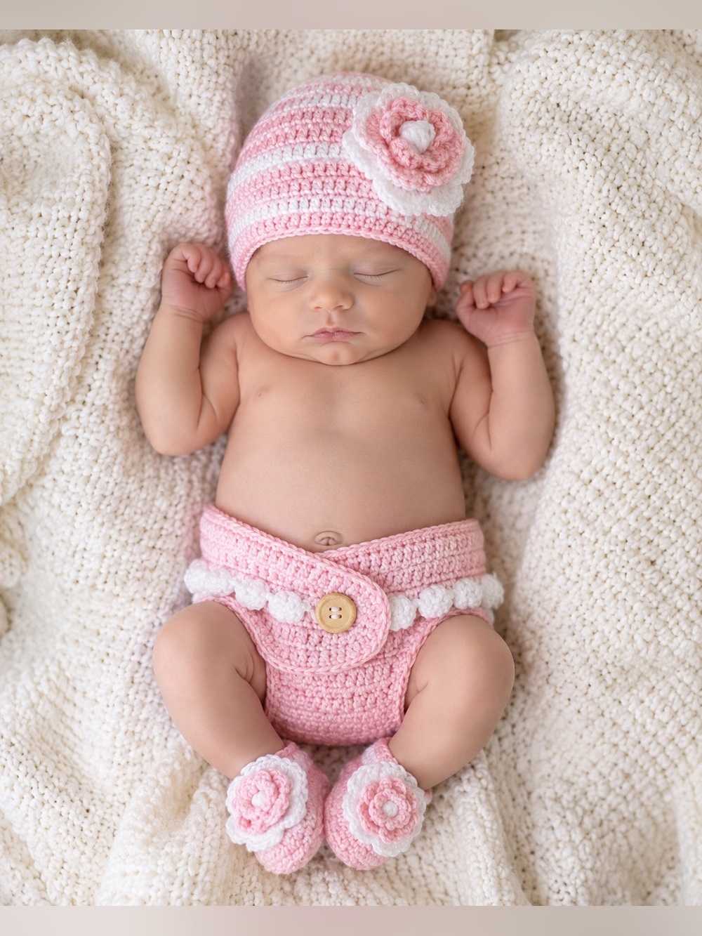 So’Dorable Baby Girl Crochet Hat Diaper Cover Booties Set Pink 0-6M 3 Pc NWT